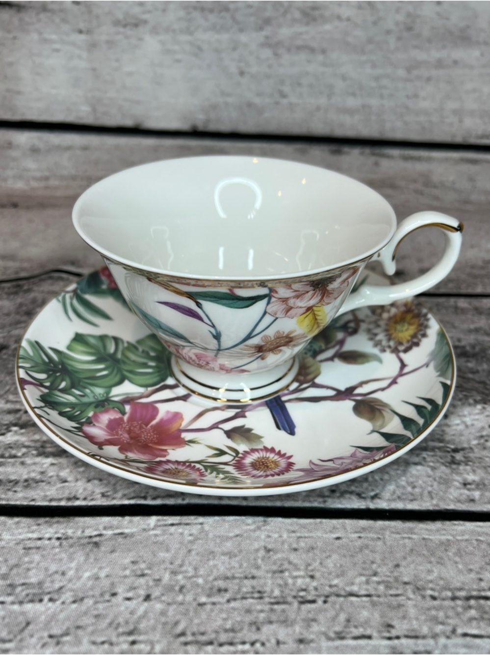 Grace Teaware Floral & Bird Porcelain Teacup & Saucer with Gold Trim Coffee Cup